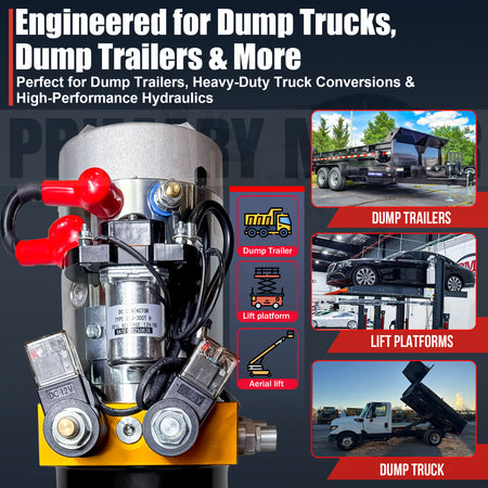 **Title:** Primary Mover 12V Double-Acting Hydraulic Power Unit

**Meta Description:** Discover the Primary Mover 12V Hydraulic Power Unit with a 3 HP motor, engineered for dump trucks, trailers, and heavy-duty applications.

**Alt Text:** Close-up of Primary Mover 12V Hydraulic Power Unit with contactor, hoses, and leads, shown with application images like dump trailers and aerial lifts.