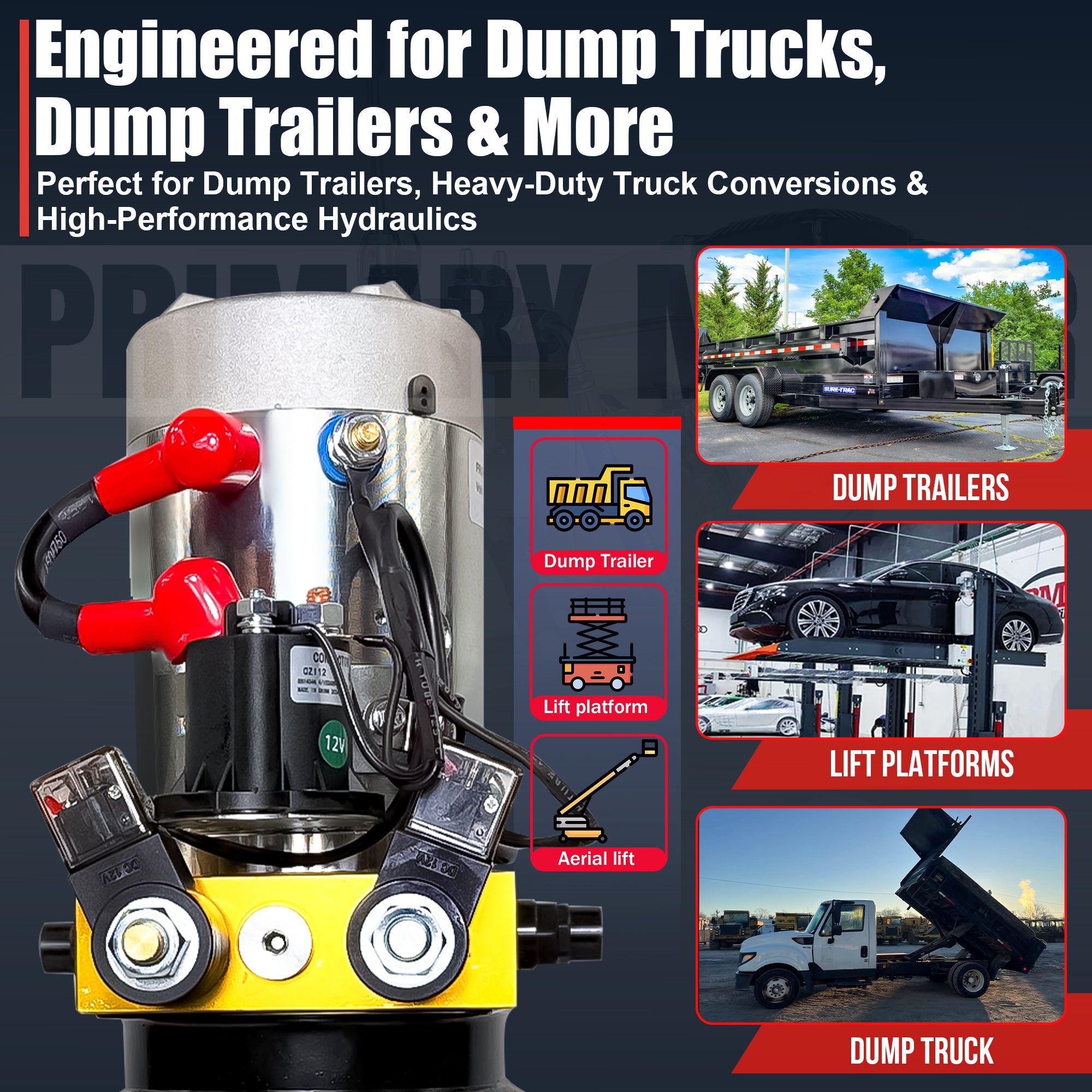 Primary Mover 12V Double-Acting Hydraulic Pump with steel reservoir, showcasing close-up of components like hoses and labels, highlighting precision and reliability in hydraulic systems.