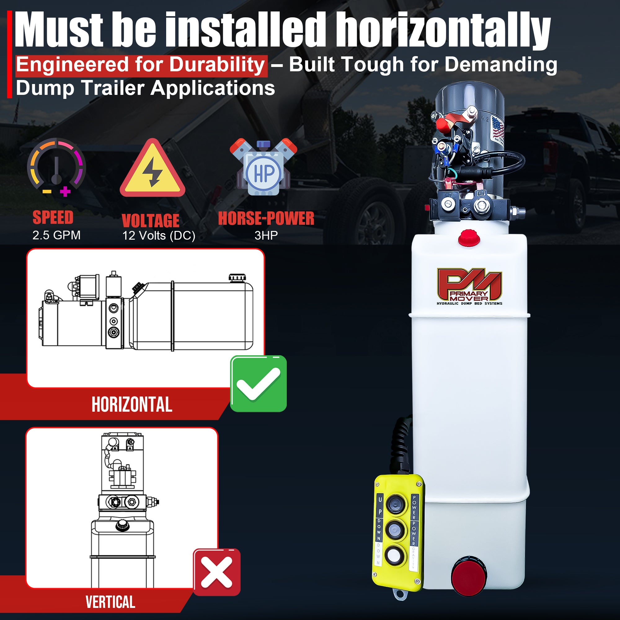 KTI 12V Double-Acting Hydraulic Pump - Poly Reservoir

Meta Description: Discover the KTI 12V Hydraulic Pump with dual-action design for efficient dump bed operation. Compact, durable, and easy to install horizontally.

Alt Text: KTI 12V Double-Acting Hydraulic Pump with horizontal mounting guide, showing correct and incorrect positions, alongside feature icons and the pump's control pendant.