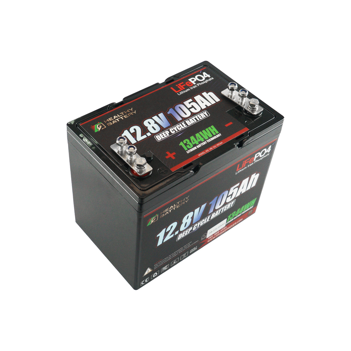 Title: Healthy Battery 12.8V 105Ah LiFePO4 Deep Cycle Battery

Meta Description: Discover the Healthy Battery 12.8V 105Ah LiFePO4, a high-output deep cycle battery with 1344Wh and 365A BMS, perfect for hydraulic systems.

Alt Text: Healthy Battery 12.8V 105Ah LiFePO4 deep-cycle battery with metal terminals, 1344Wh energy storage, and built-in 365A BMS for high-demand applications.