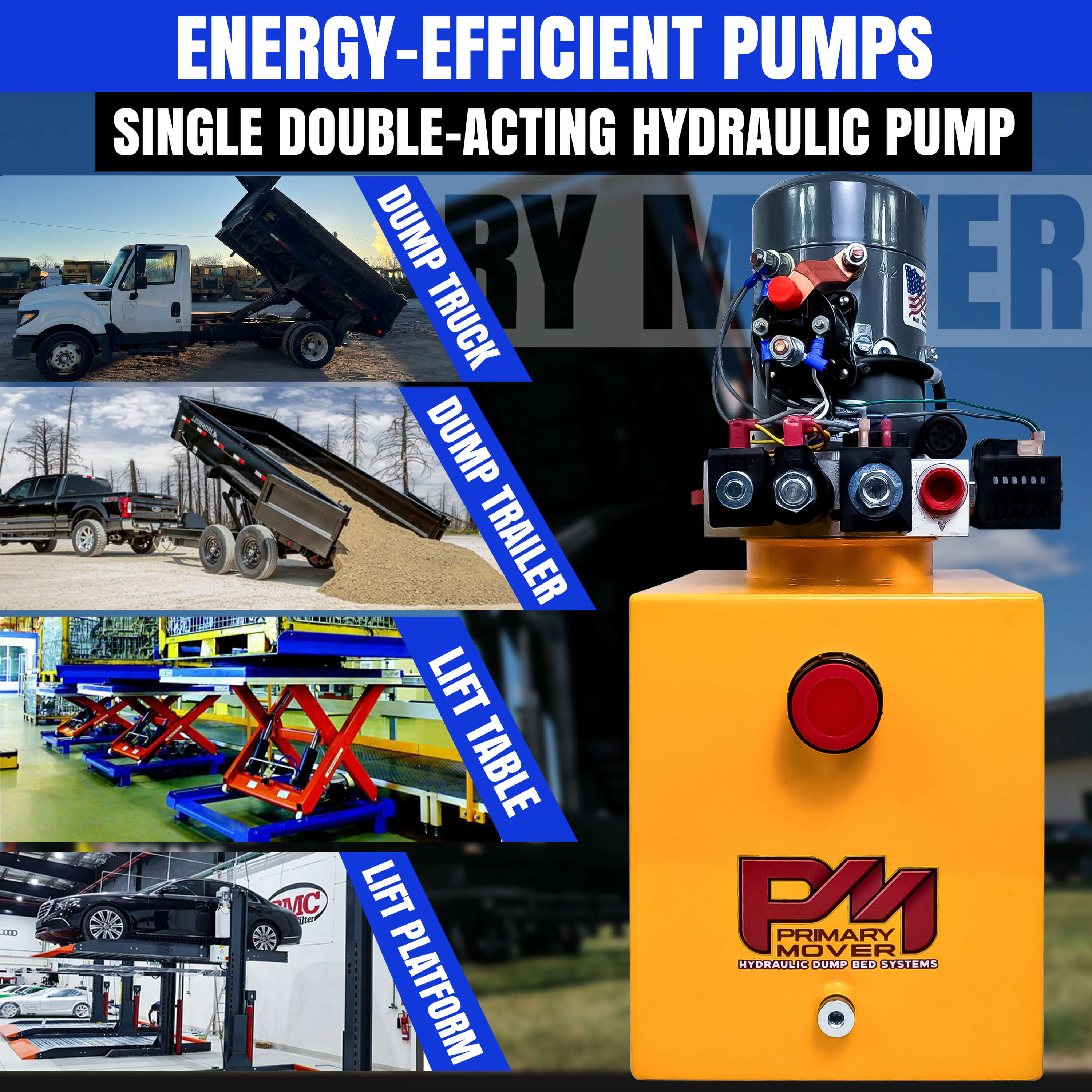 KTI 12vdc Single/Double Hydraulic Power Unit with red buttons, designed for versatile hydraulic applications, including dump trailers and double-acting cylinders.