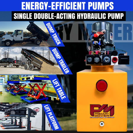 KTI 12vdc Single/Double Hydraulic Power Unit with red buttons, designed for versatile hydraulic applications, including dump trailers and double-acting cylinders.