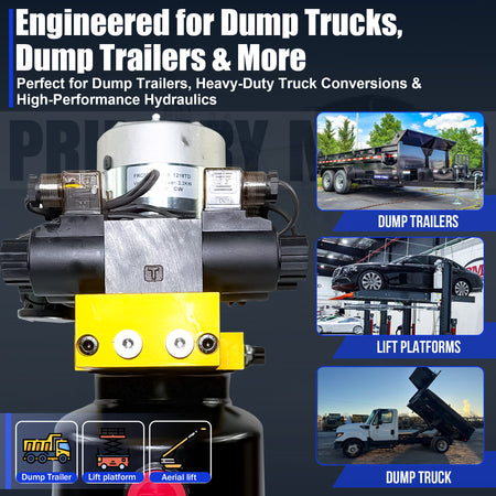 Primary Mover 12V Dual Double-Acting Hydraulic Dump Trailer Pump (Steel), compact unit enabling four simultaneous hydraulic actions, ideal for dump trailers and trucks.