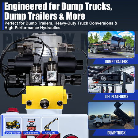 Primary Mover 12Vdc Single Double Pump shown with a truck, highlighting its hydraulic power for telescopic dump trailers and jacks.