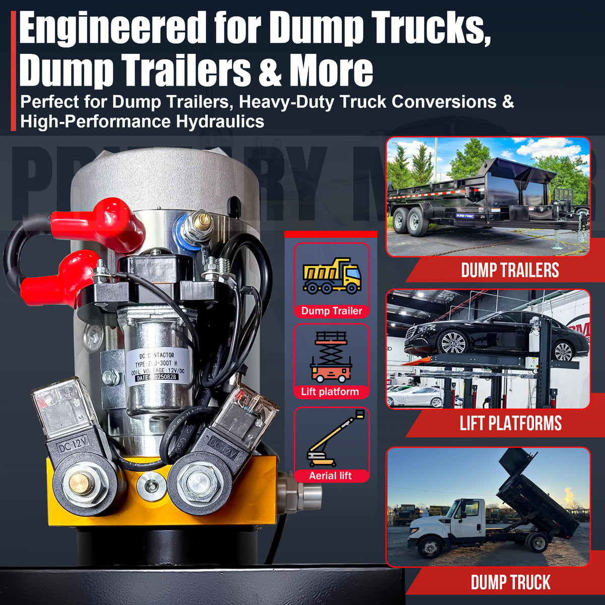 **Title:** Primary Mover 12V Double-Acting Hydraulic Power Unit

**Meta Description:** Discover the robust Primary Mover 12V Hydraulic Power Unit, ideal for dump trailers and lift platforms, featuring a powerful 3 HP motor and dual-acting operation.

**Alt Text:** Close-up of Primary Mover 12V Double-Acting Hydraulic Power Unit with photos of applications: dump trailer, lift platform, aerial lift, and active dump truck.