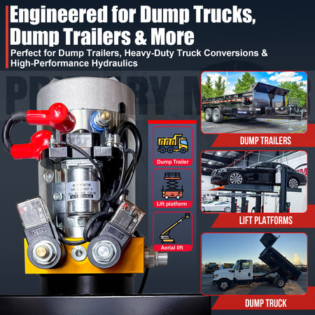 **Title:** Primary Mover 12V Double-Acting Hydraulic Power Unit

**Meta Description:** Discover the robust Primary Mover 12V Hydraulic Power Unit, ideal for dump trailers and lift platforms, featuring a powerful 3 HP motor and dual-acting operation.

**Alt Text:** Close-up of Primary Mover 12V Double-Acting Hydraulic Power Unit with photos of applications: dump trailer, lift platform, aerial lift, and active dump truck.