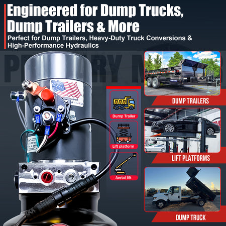 KTI 12V Single-Acting Hydraulic Pump, steel reservoir, showcased close-up, highlighting its compact design and efficient components for optimal hydraulic dump bed performance.