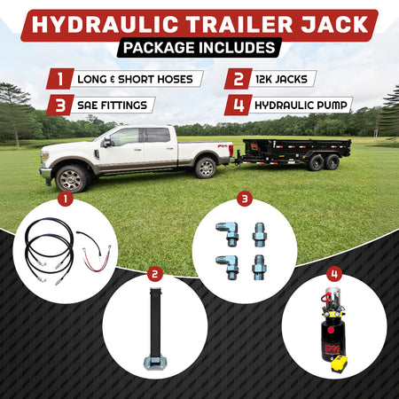 12K Single Hydraulic Trailer Jack Leg Kit with hoses, fittings, pump; parked trailer with headline.