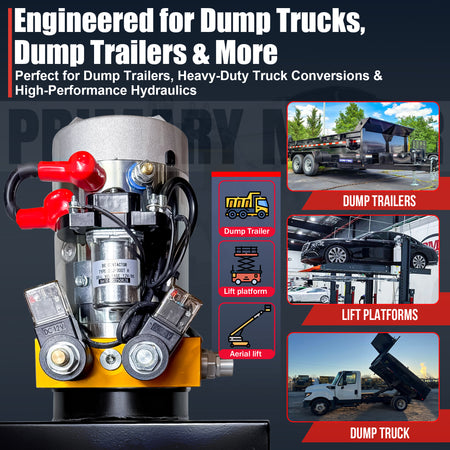 **Title:** Primary Mover 12V Double-Acting Hydraulic Power Unit

**Meta Description:** Discover the Primary Mover 12V power unit with 3 HP motor. Ideal for dump trailers and heavy-duty applications, offering reliable power-up and power-down operation.

**Alt Text:** Close-up of Primary Mover 12V Hydraulic Power Unit with solenoid, contactor, and fittings, designed for dump trailers and heavy-duty applications.