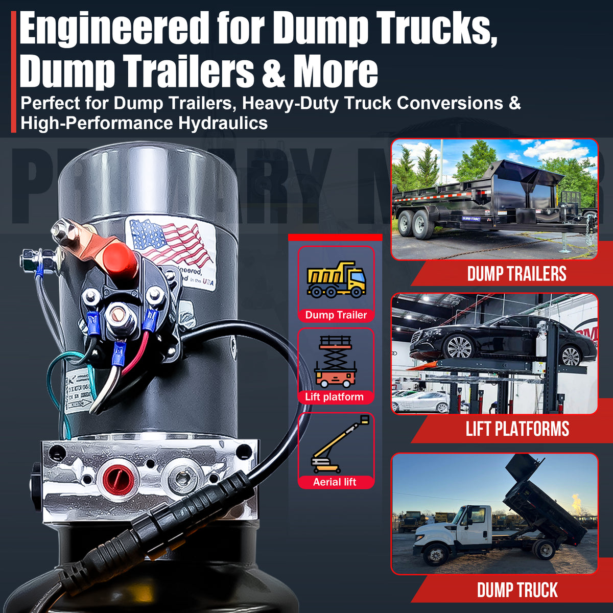 KTI 12V Single-Acting Hydraulic Pump - Steel Reservoir, optimized for dump bed systems, showcased with compact, durable design for efficient, reliable performance.