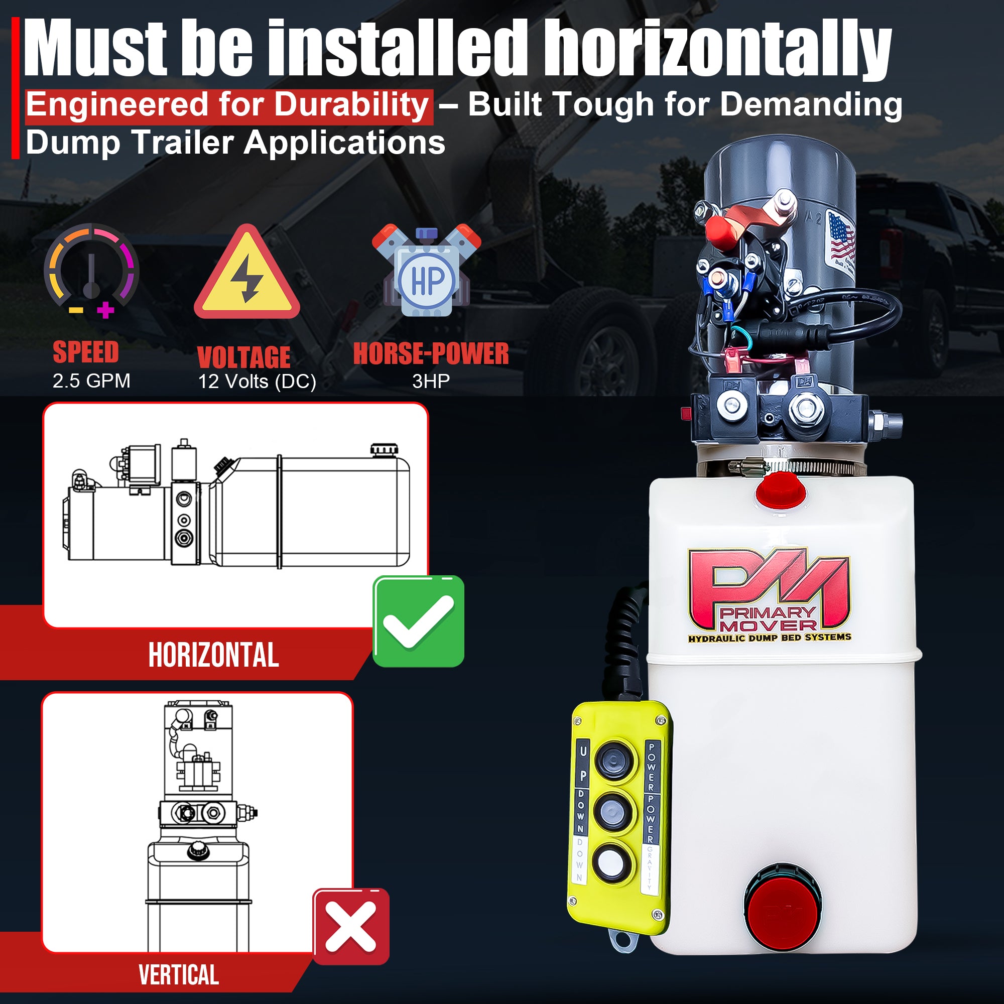 ### Title:  
KTI 12V Double-Acting Hydraulic Pump - Poly Reservoir 

### Alt Text:  
KTI 12V hydraulic pump with poly reservoir, remote, and horizontal installation graphic. 

### Meta Description:  
Discover the robust KTI 12V Double-Acting Hydraulic Pump with a poly reservoir, ideal for dump trailers. Designed for durability and efficient performance.