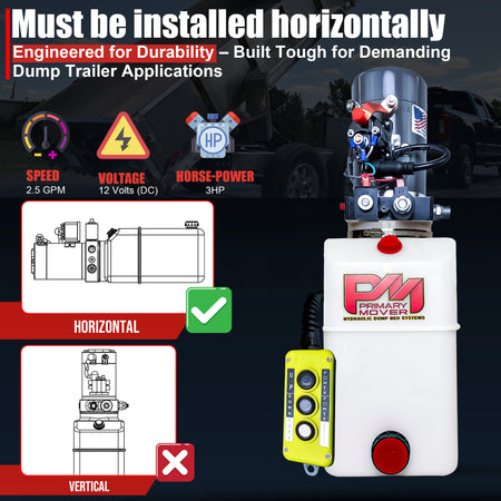 ### Title:  
KTI 12V Double-Acting Hydraulic Pump - Poly Reservoir 

### Alt Text:  
KTI 12V hydraulic pump with poly reservoir, remote, and horizontal installation graphic. 

### Meta Description:  
Discover the robust KTI 12V Double-Acting Hydraulic Pump with a poly reservoir, ideal for dump trailers. Designed for durability and efficient performance.