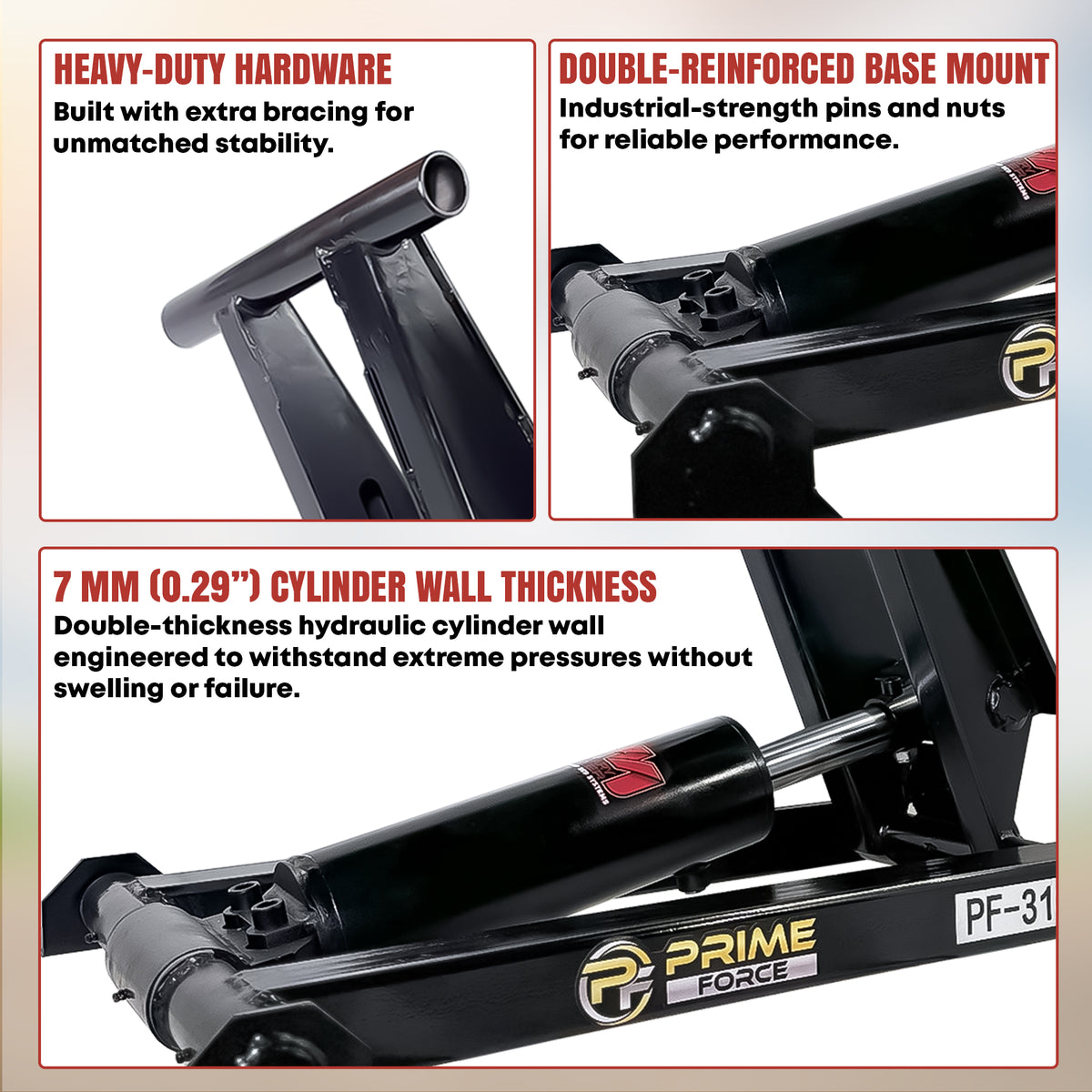 Three close-up views of Prime Force hydraulic equipment showing the frame, base mount, and cylinder.