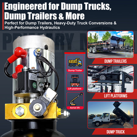 Primary Mover 12V Single-Acting Hydraulic Pump with Steel Reservoir shown in a close-up, highlighting its durable construction and lift mechanism for efficient hydraulic applications.