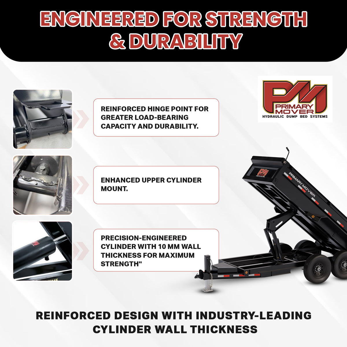 Primary Mover hydraulic dump trailer showing callouts for the hinge point, upper cylinder mount, and cylinder wall thickness.