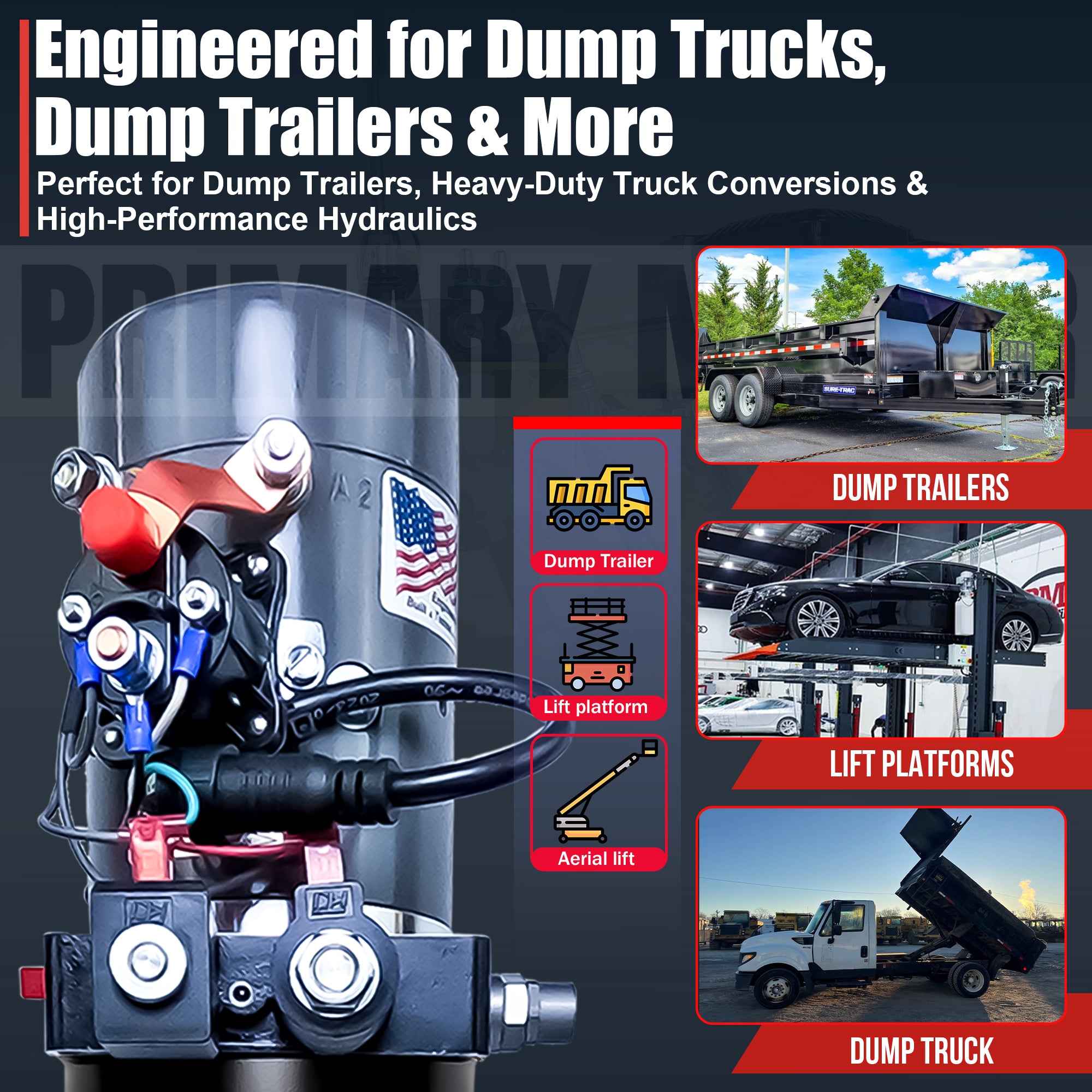 KTI 12V Double-Acting Hydraulic Pump with steel reservoir; compact design, robust for heavy-duty lifting, suited for hydraulic dump bed systems.