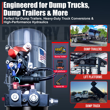 KTI 12V Double-Acting Hydraulic Pump with steel reservoir; compact design, robust for heavy-duty lifting, suited for hydraulic dump bed systems.