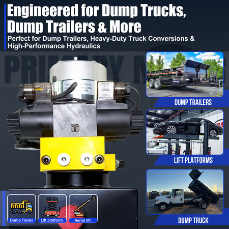 Primary Mover 12V Dual Double-Acting Hydraulic Dump Trailer Pump, compact unit for efficient hydraulic actions in dump trailers and trucks, featuring robust construction and user-friendly controls.