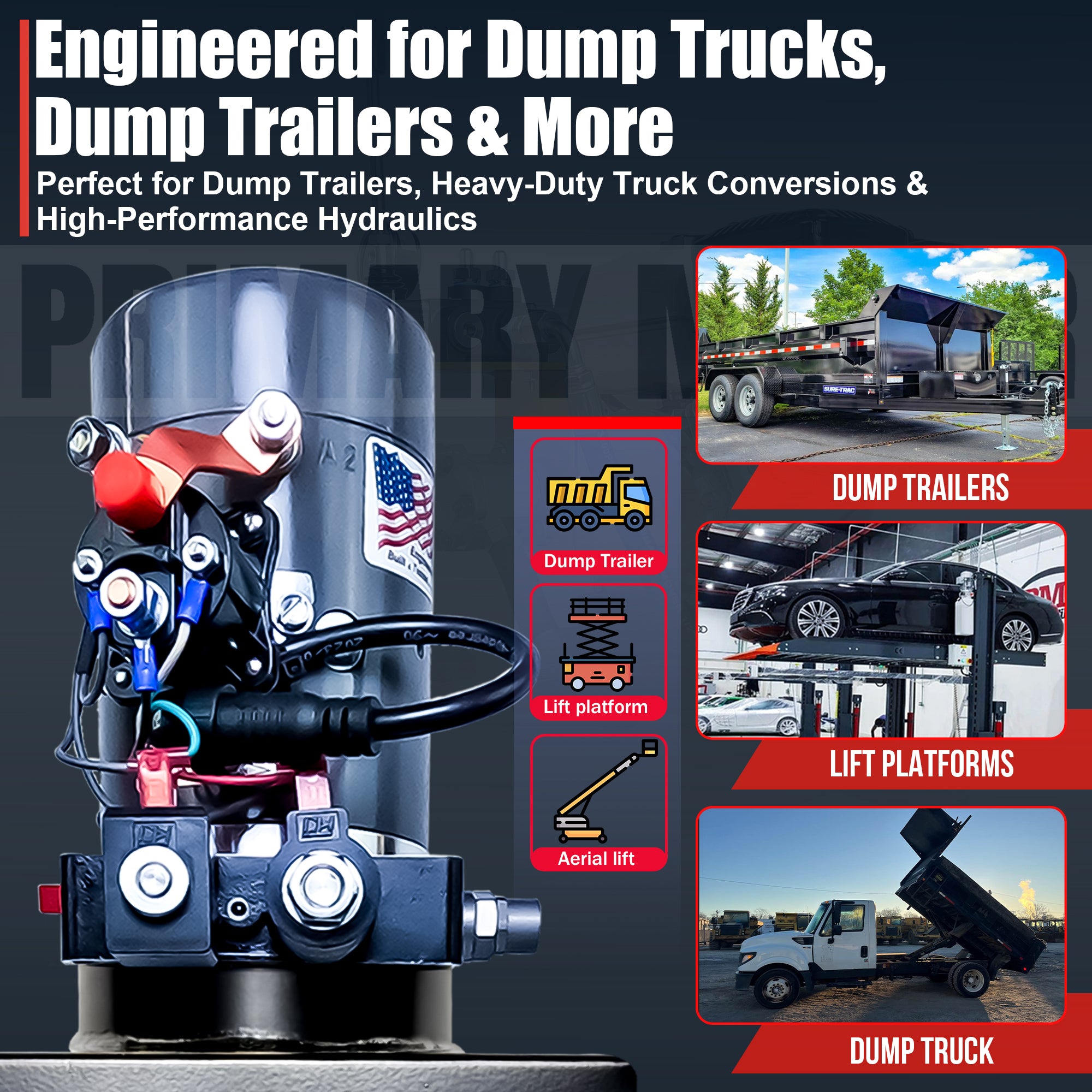 KTI 12V Double-Acting Hydraulic Pump with steel reservoir, featuring dual-action lift platform and robust design for efficient hydraulic dump bed operation.