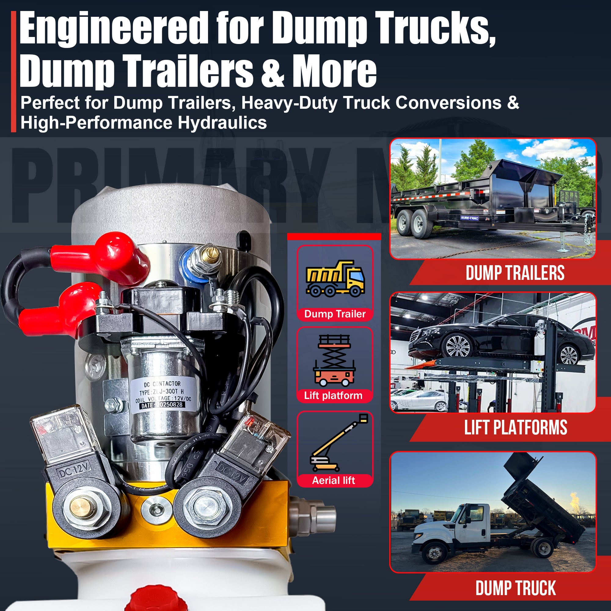 **Title:** Primary Mover 12V Hydraulic Power Unit for Trailers

**Meta Description:** Discover the Primary Mover 12V Double-Acting Hydraulic Power Unit with 3 HP motor, ideal for dump trailers and heavy-duty applications. Perfect for reliable hydraulic control.

**Alt Text:** Close-up of Primary Mover 12V Double-Acting Hydraulic Power Unit with 3 HP motor, showcased with icons of dump trailers, lift platforms, and dump trucks.