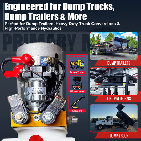 **Title:** Primary Mover 12V Hydraulic Power Unit for Trailers

**Meta Description:** Discover the Primary Mover 12V Double-Acting Hydraulic Power Unit with 3 HP motor, ideal for dump trailers and heavy-duty applications. Perfect for reliable hydraulic control.

**Alt Text:** Close-up of Primary Mover 12V Double-Acting Hydraulic Power Unit with 3 HP motor, showcased with icons of dump trailers, lift platforms, and dump trucks.
