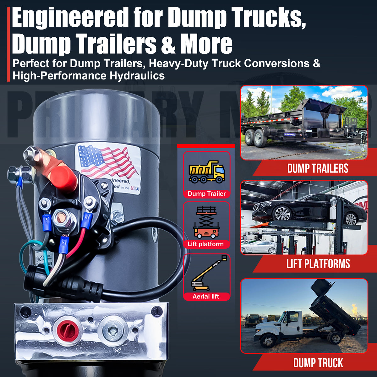 KTI 12V Single-Acting Hydraulic Pump - Steel Reservoir, shown with a close-up of its compact, durable design, ideal for efficient hydraulic dump bed systems.