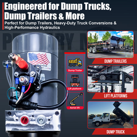 KTI 12V Single-Acting Hydraulic Pump - Steel Reservoir, shown with a close-up of its compact, durable design, ideal for efficient hydraulic dump bed systems.