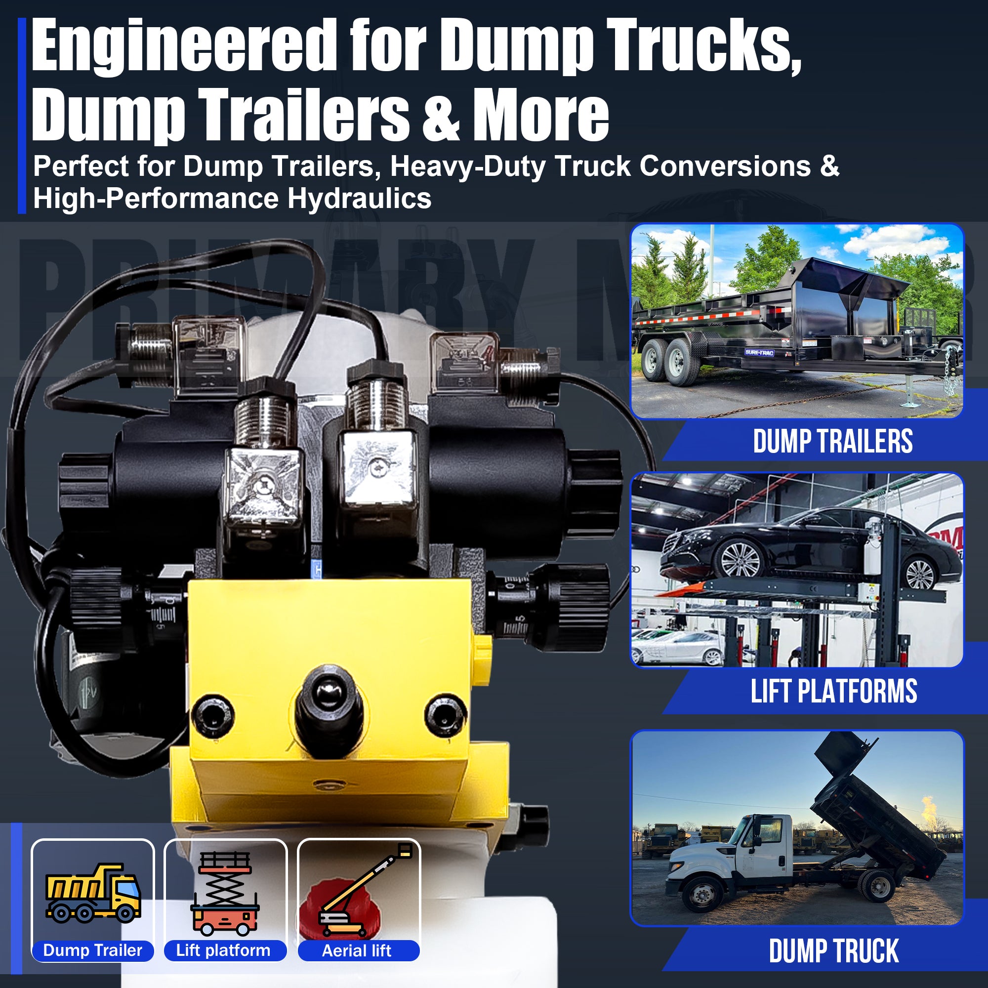 Primary Mover 12Vdc Single Double Pump, a yellow-black machine with black wires, designed for telescopic dump trailers, offering dual circuit hydraulic power and efficiency.