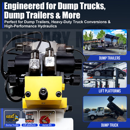 Primary Mover 12Vdc Single Double Pump, a yellow-black machine with black wires, designed for telescopic dump trailers, offering dual circuit hydraulic power and efficiency.