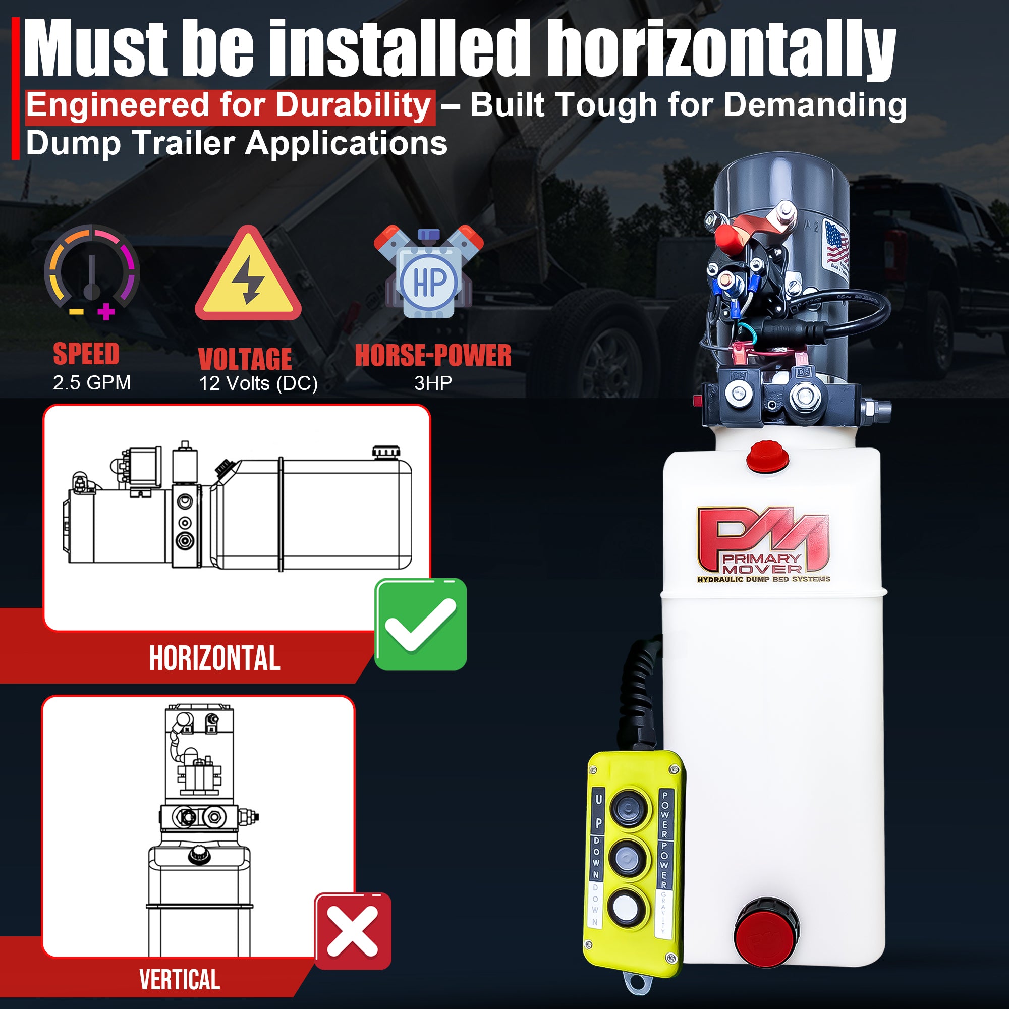 **Title:** KTI 12V Double-Acting Hydraulic Pump - Poly Reservoir

**Meta Description:** Discover the KTI 12V Double-Acting Hydraulic Pump, engineered for dump trailers. Features include horizontal installation, 3 HP motor, and 2.5 GPM speed.

**Alt Text:** KTI 12V Double-Acting Hydraulic Pump with poly reservoir, shown with specs icons, horizontal mounting guide, and dump trailer background.