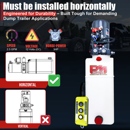 **Title:** KTI 12V Double-Acting Hydraulic Pump - Poly Reservoir

**Meta Description:** Discover the KTI 12V Double-Acting Hydraulic Pump, engineered for dump trailers. Features include horizontal installation, 3 HP motor, and 2.5 GPM speed.

**Alt Text:** KTI 12V Double-Acting Hydraulic Pump with poly reservoir, shown with specs icons, horizontal mounting guide, and dump trailer background.