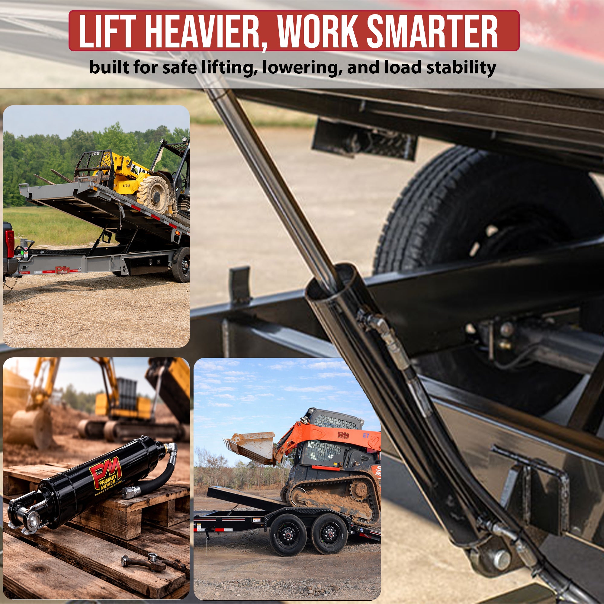**Title:** Primary Mover Cushion Tilt Deck Kit - Hydraulic System

**Alt Text:** Collage showcasing Primary Mover Cushion Tilt Deck Kit with hydraulic tilt-bed trailer system, highlighting robust 310 welded cylinder and safe equipment loading.

**Meta Description:** Discover the Primary Mover Cushion Tilt Deck Kit, a hydraulic system enhancing trailer safety and efficiency with a gravity-down design and 310 welded cylinder.