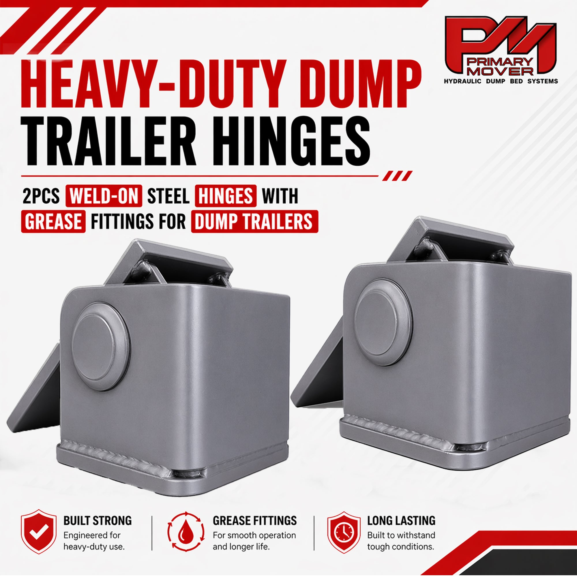 **Title:** Heavy Duty 2Pcs Dump Truck Trailer Body Hinges

**Alt Text:** Heavy-duty steel hinges with grease fittings for dump trailers, featuring robust construction for extreme lifting applications.

**Meta Description:** Discover the Heavy Duty 2Pcs Dump Truck Trailer Body Hinges with grease fittings. Ideal for demanding applications, ensuring strength and durability for hydraulic dump beds.