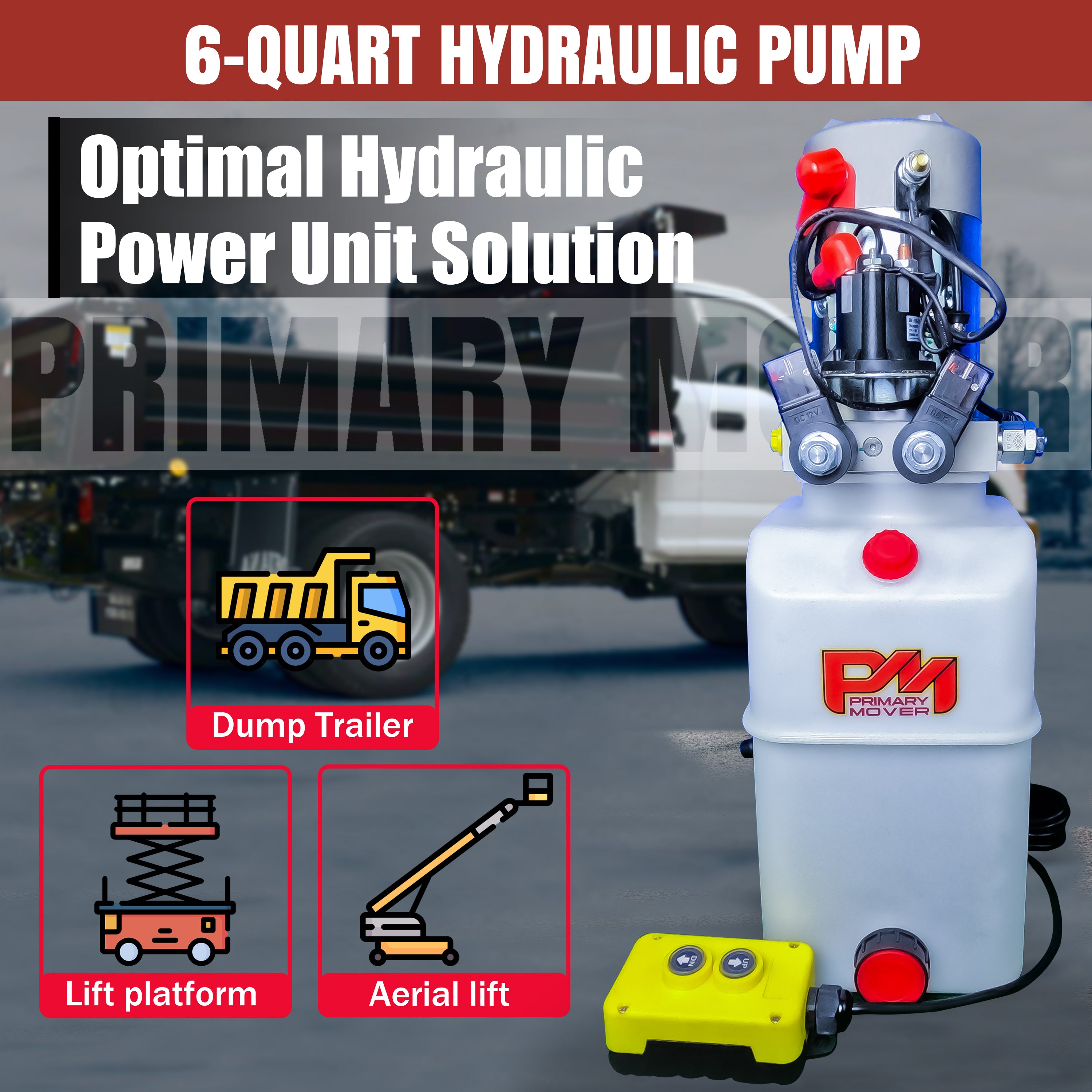 Primary Mover 12V Double-Acting Hydraulic Pump - Precision crafted with dual-acting functionality for hydraulic dump bed systems. Includes hand-held pendant and 1-year warranty.