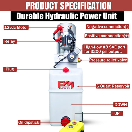A white cylinder with red and black text, showcasing the Primary Mover 12V Single-Acting Hydraulic Pump with a poly reservoir. Features include high flow functionality and a 4-quart translucent reservoir.