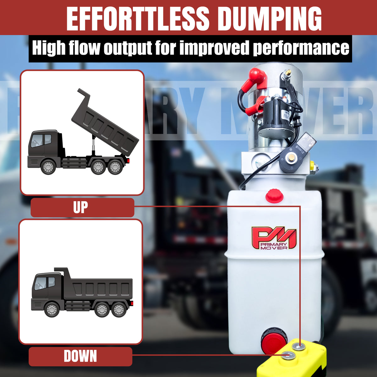 A white container with a black dump truck, showcasing the Primary Mover 12V Single-Acting Hydraulic Pump with a poly reservoir for efficient hydraulic dump bed systems.