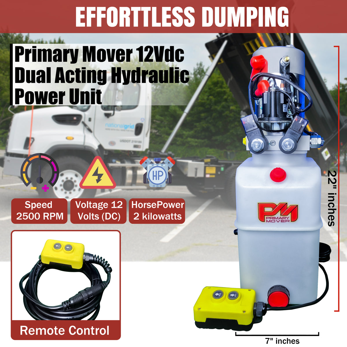 Primary Mover 12V Double-Acting Hydraulic Pump - Poly Reservoir: Precision dual-acting power unit for hydraulic dump bed systems. Crafted for efficiency and durability, offering exceptional value and performance.