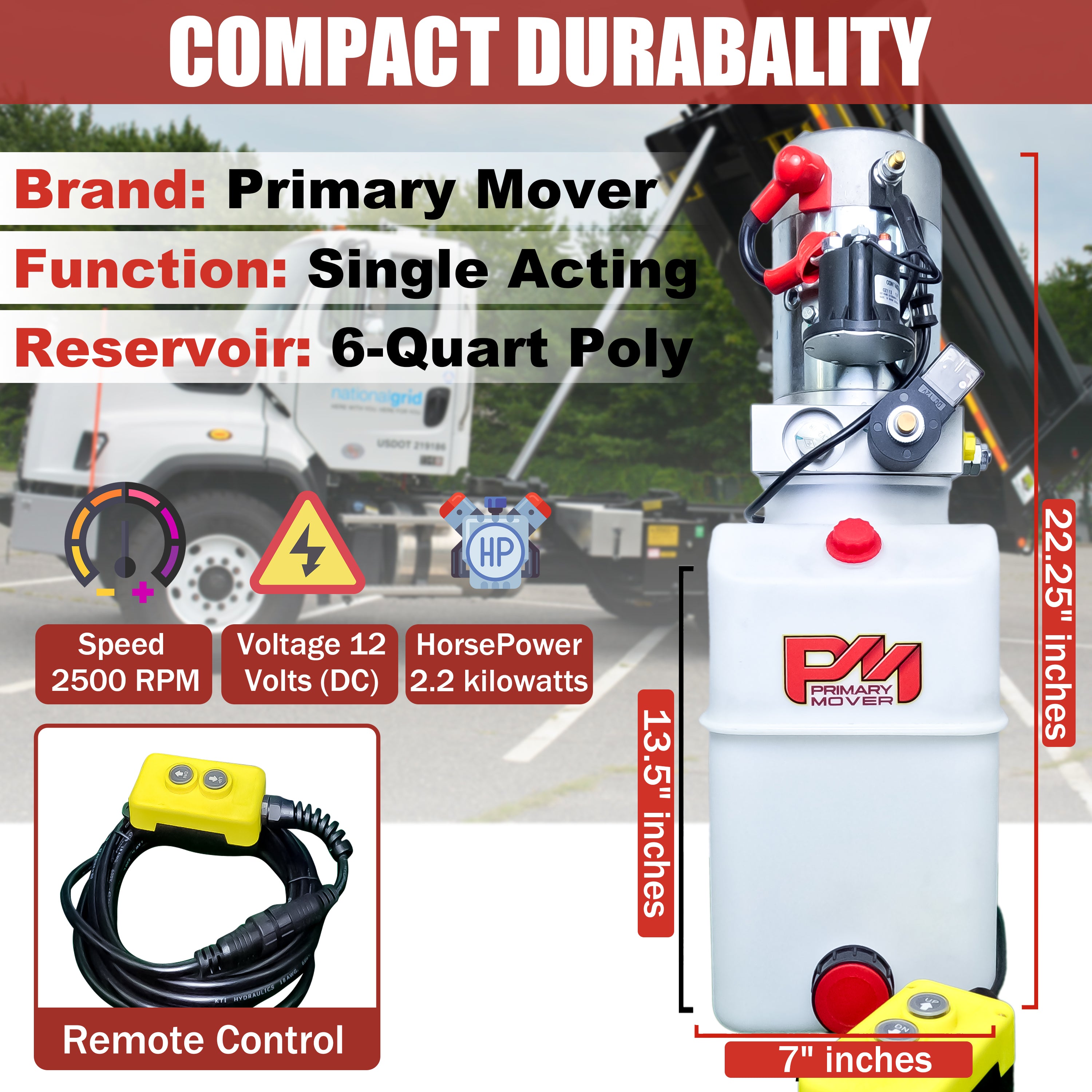 Primary Mover 12V Single-Acting Hydraulic Pump with Poly Reservoir, optimized for dump bed systems. Features single-acting pump, 3200 PSI relief setting, 2.5 GPM flow, and 4-quart translucent tank.