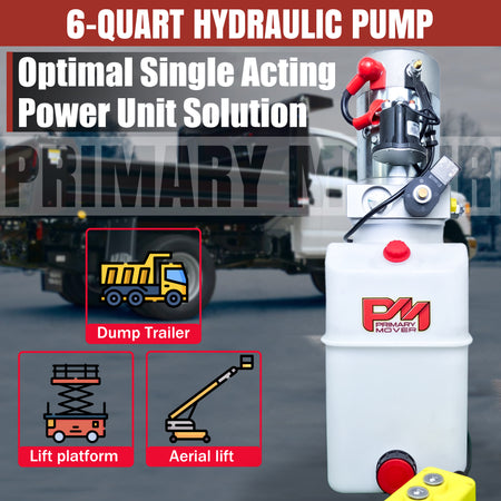 Primary Mover 12V Single-Acting Hydraulic Pump with Poly Reservoir for hydraulic dump bed systems. Single-acting pump, 3200 PSI max relief setting, 2.5 GPM flow, 4 Quart reservoir, handheld pendant.