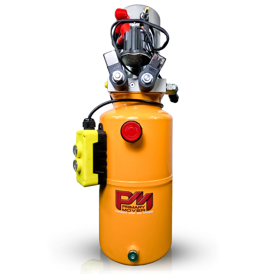 Primary Mover Double Acting 12VDC Hydraulic Power Unit with steel reservoirs, featuring dual-acting precision, tailored for dump bed systems, and crafted for durability and value in industrial applications.