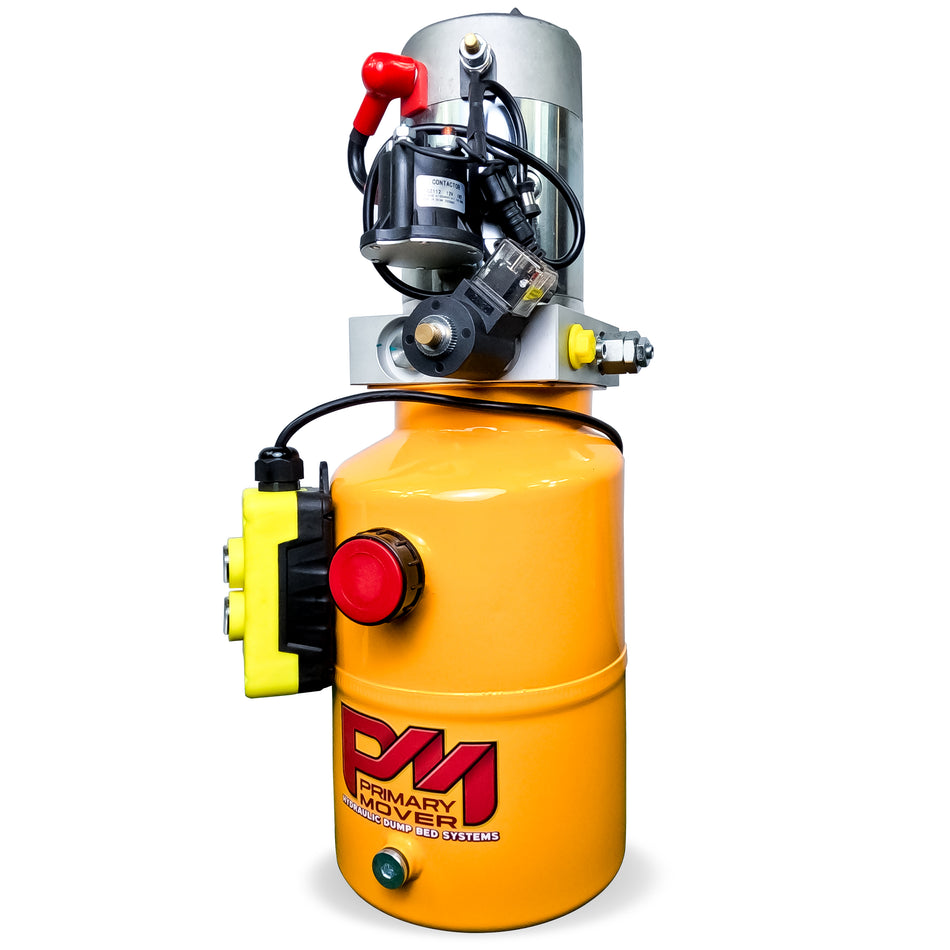 Primary Mover 12V Single-Acting Hydraulic Pump with Steel Reservoir - Precision-crafted for hydraulic dump bed systems, offering high flow functionality and durability.