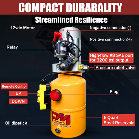 Primary Mover 12V Single-Acting Hydraulic Pump with Steel Reservoir, featuring high flow functionality and 6-quart steel tank. Ideal for various applications, ensuring efficient and reliable hydraulic operations.
