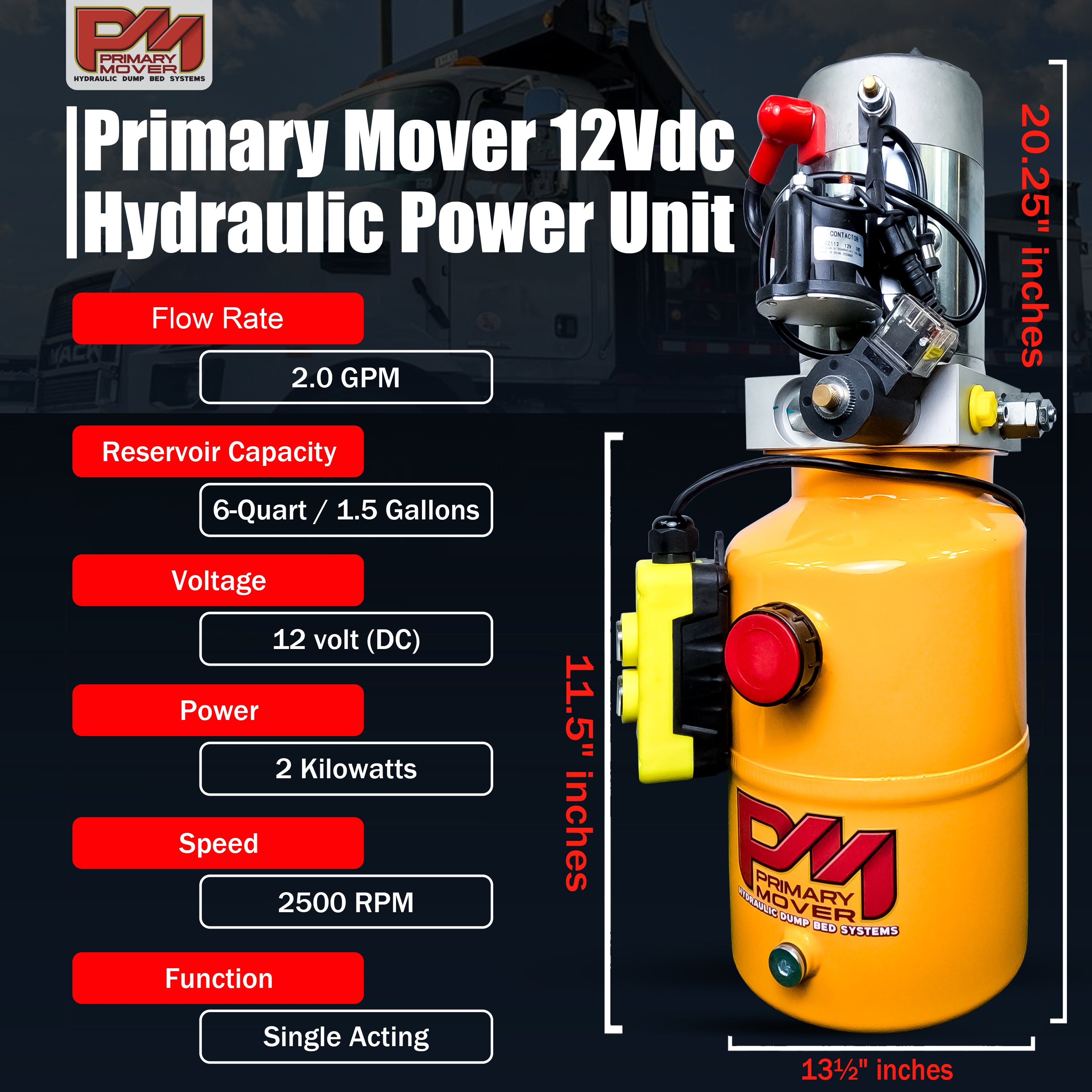 A yellow cylinder with red buttons and black text, showcasing the Primary Mover 12V Single-Acting Hydraulic Pump with a steel reservoir.