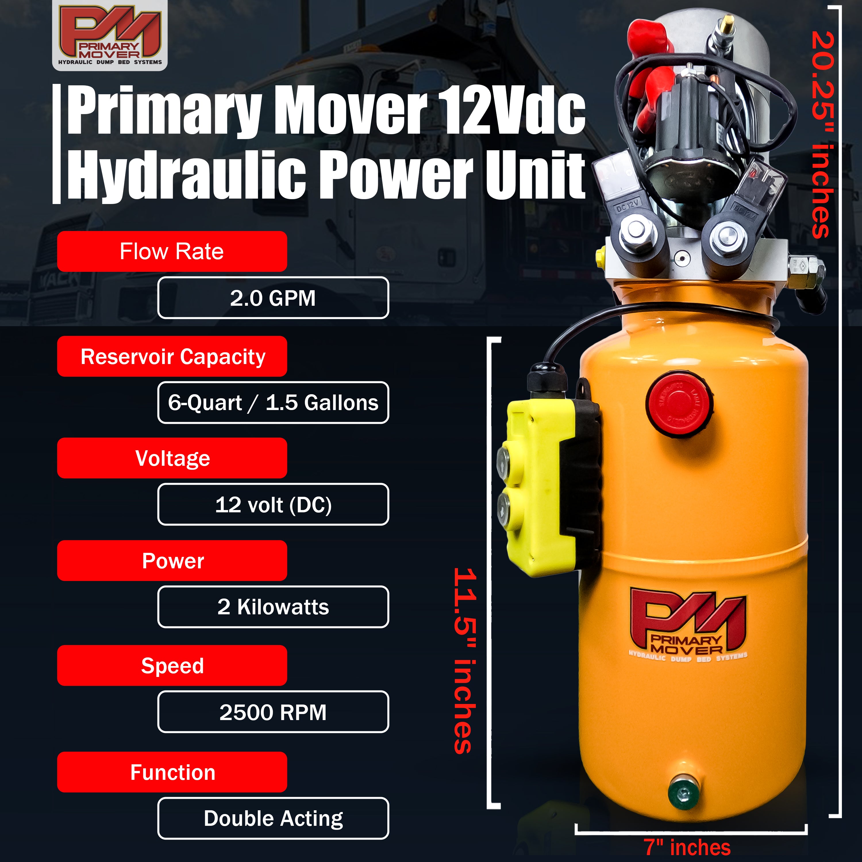 Primary Mover Double Acting 12VDC Hydraulic Power Unit with Steel Reservoirs, featuring dual-acting precision and quality craftsmanship for hydraulic dump bed systems. Swift, efficient operation for industrial and commercial settings.