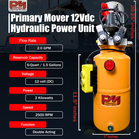 Primary Mover Double Acting 12VDC Hydraulic Power Unit with Steel Reservoirs, featuring dual-acting precision and quality craftsmanship for hydraulic dump bed systems. Swift, efficient operation for industrial and commercial settings.
