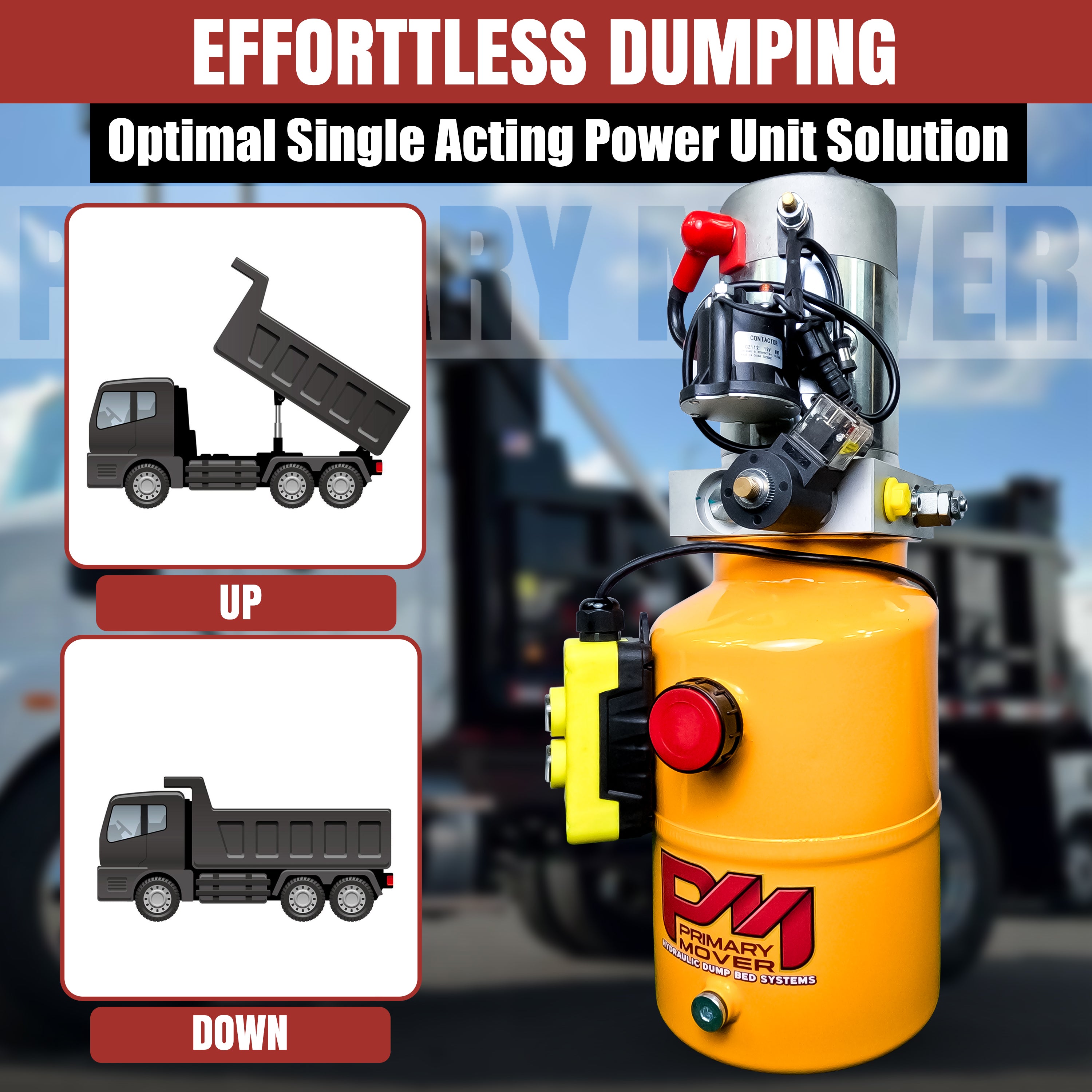 Primary Mover 12V Single-Acting Hydraulic Pump - Steel Reservoir for dump bed systems. Precision-crafted for efficiency and reliability in hydraulic applications.