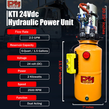 KTI 24Vdc Double Acting Hydraulic Power Unit with red buttons, featuring a compact design and steel reservoir for efficient hydraulic operation in heavy-duty applications.