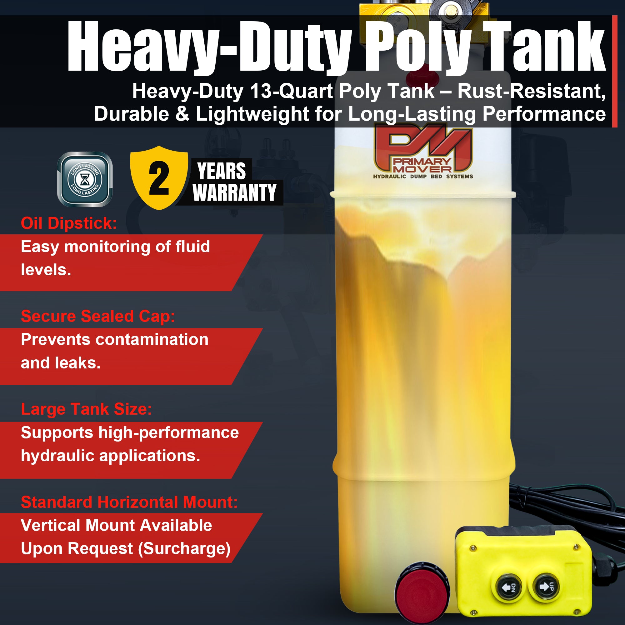 Primary Mover 12V Double-Acting Hydraulic Power Unit – Poly Tanks, 3 HP Motor. Features include a 13-quart polyethylene reservoir, red sealed cap, pendant controller, and logo.