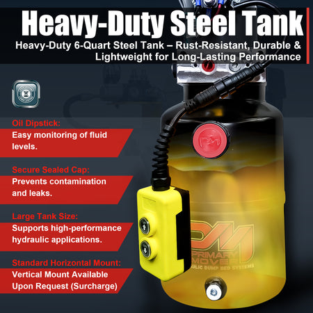 KTI 12V Single-Acting Hydraulic Pump - Steel Reservoir, featuring compact design with a logo close-up, optimized for hydraulic dump bed systems, visible on a phone screenshot.