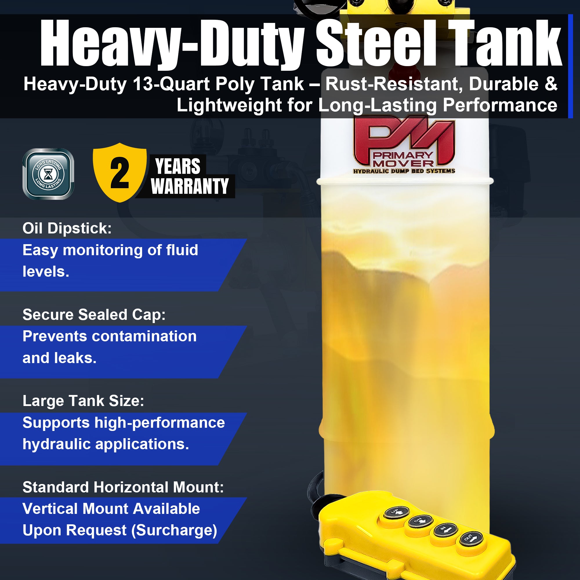 Primary Mover 12Vdc Single Double Pump with buttons and ports for hydraulic power, optimized for telescopic dump trailers and heavy-duty applications.